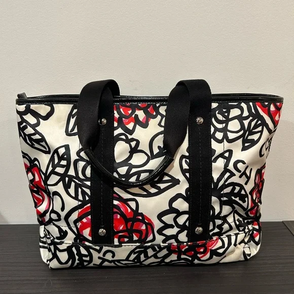 Coach Poppy Kyra floral tote bag in black and white nylon with red accents EUC - Picture 4 of 13
